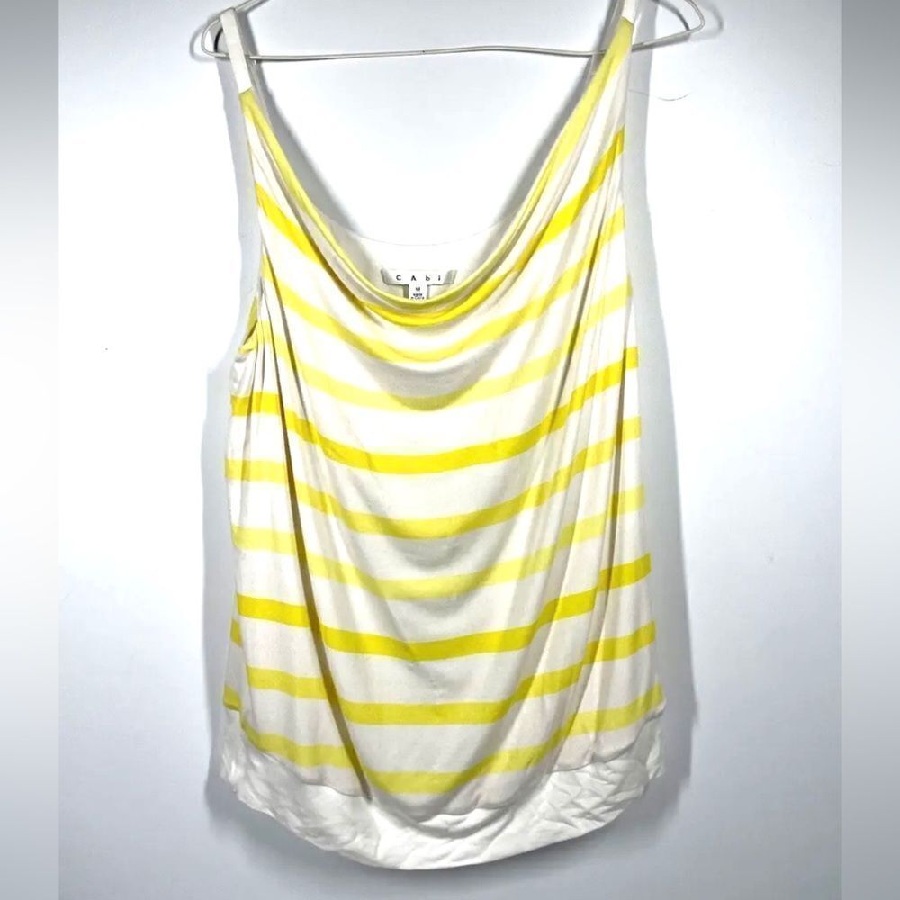 CABI Womens White Yellow Striped Sleeveless Shirt Tank Top Cowl Neck ~ Medium